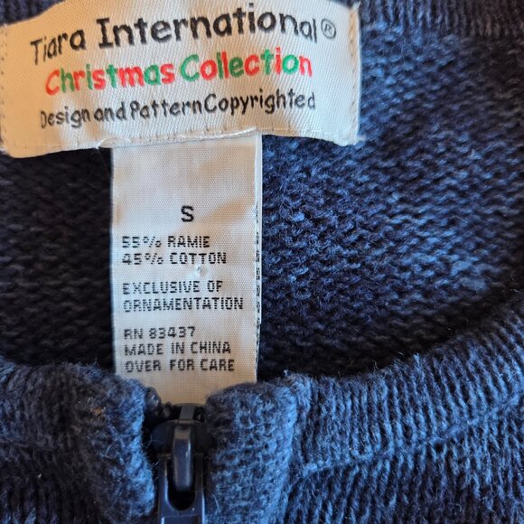 Holiday zippered cardigan sweater with reindeers sequins. Navy Size small - Picture 3 of 7